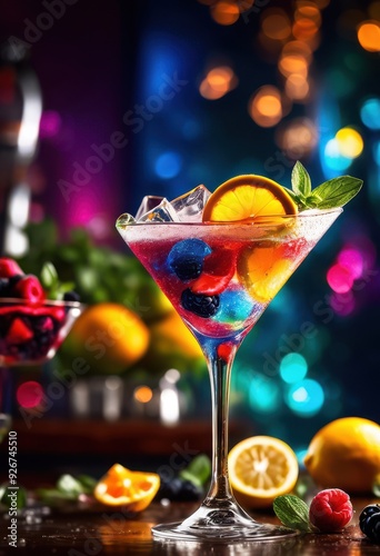 vibrant martini glass overflowing colorful drink ingredients showcasing bright inviting beverage presentation, cocktail, refreshing, party, mixology, bar