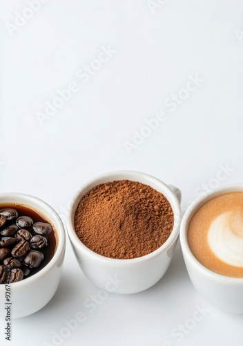 Various coffee beans and ground coffee displayed in bowls on a light background