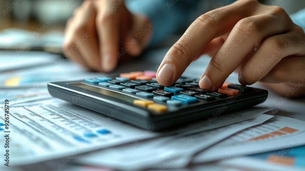 Close-Up of an Accountant’s Hands Using a Calculator, Surrounded by a Pile of Invoices and Financial Documents, Showcasing a Detailed and Organized Financial Management Process Close-Up of an Accountant’s Hands Using a Calculator, Surrounded by a Pile of Invoices and Financial Documents, Showcasing a Detailed and Organized Financial Management Process