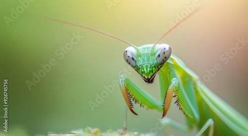 Green mantis perched on leaf in soft morning light