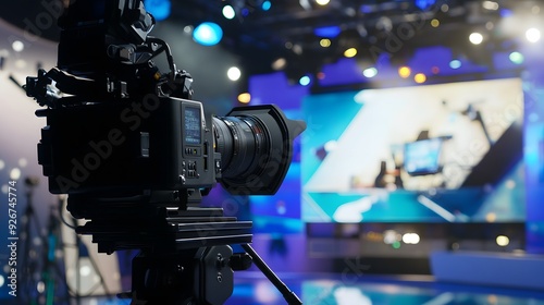 A professional camera in a television studio ready to film.