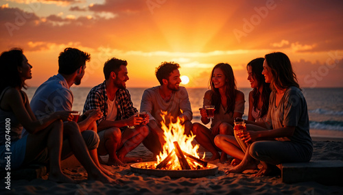 Group of young people enjoying a bonfire on the beach during a relaxed evening.