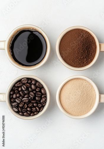 Various coffee beans and ground coffee displayed in bowls on a light background