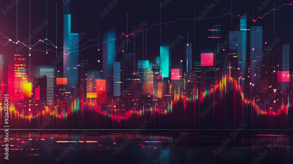 Abstract with pastel colorful charts and graphs with statistics to analyze business potential and forecast future development of companies growth. with city skyline and modern building background Abstract with pastel colorful charts and graphs with statistics to analyze business potential and forecast future development of companies growth. with city skyline and modern building background