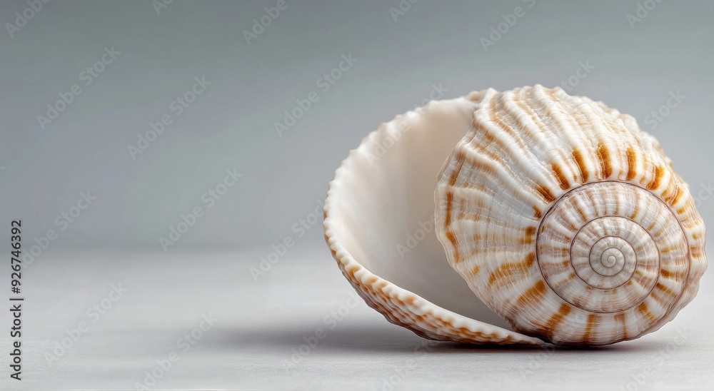 Close-up of a detailed seashell on a sandy surface with blurred shells in the background Close-up of a detailed seashell on a sandy surface with blurred shells in the background