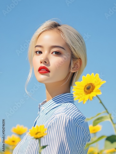 Young woman with short blonde hair holds sunflower against a blue background ...