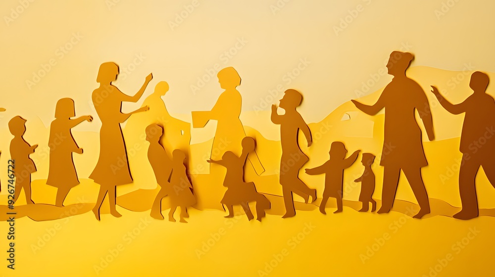 Fototapeta premium Paper cutouts of people in a group, standing and walking on a yellow background.