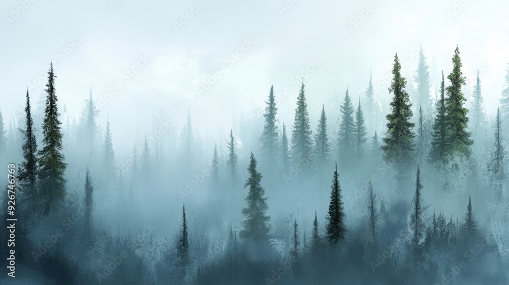 A forest of trees with fog in the background, AI A forest of trees with fog in the background, AI