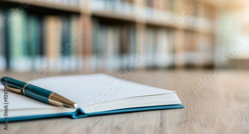 Open notebook and pen on wooden table in quiet library setting
