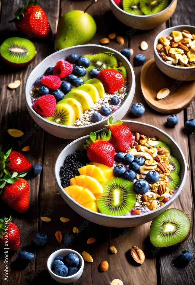 bright colorful smoothie bowls topped fresh seeds healthy delicious breakfast snack, acai, banana, berry, coconut, creamy, fruity, granola, kiwi, meal, mango bright colorful smoothie bowls topped fresh seeds healthy delicious breakfast snack, acai, banana, berry, coconut, creamy, fruity, granola, kiwi, meal, mango