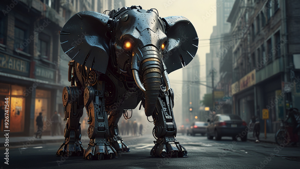 robotic illustration of an elephant monster made of iron robotic illustration of an elephant monster made of iron