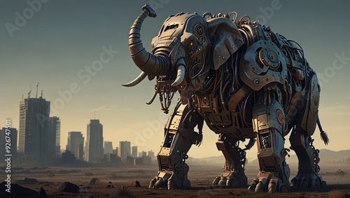 robotic illustration of an elephant monster made of iron