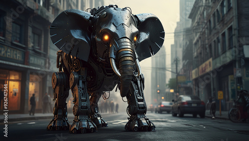 robotic illustration of an elephant monster made of iron