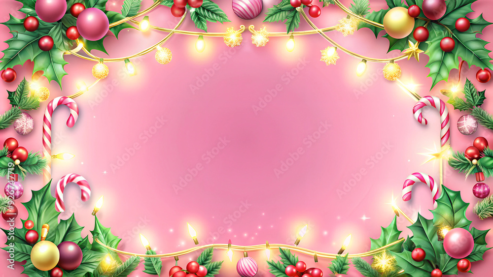 Festive Christmas Garland with Candy Canes and Baubles on Pink Background with Copy Space Festive Christmas Garland with Candy Canes and Baubles on Pink Background with Copy Space