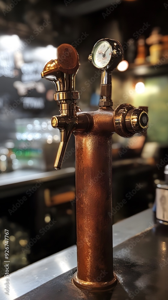 Close-up of a copper beer tap with a gauge in a bar. Close-up of a copper beer tap with a gauge in a bar.