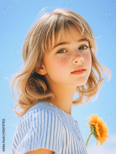 Young girl holding a sunflower outdoors on a sunny day with a clear blue sky