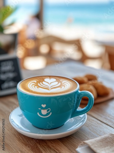 Colorful coffee cup with latte art on a beachside table during sunny daytime