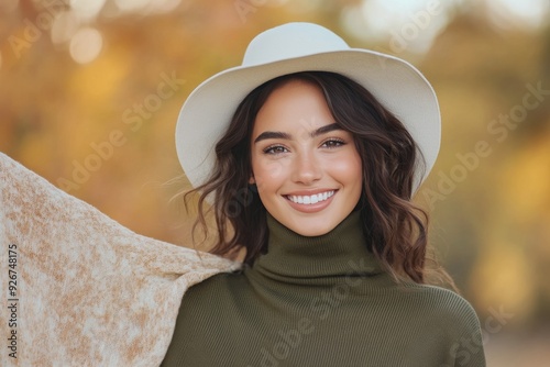 Young woman smiling in cozy sweater and hat during autumn in a forest setting