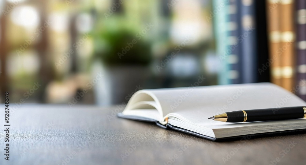 Open notebook and pen on wooden table in quiet library setting Open notebook and pen on wooden table in quiet library setting