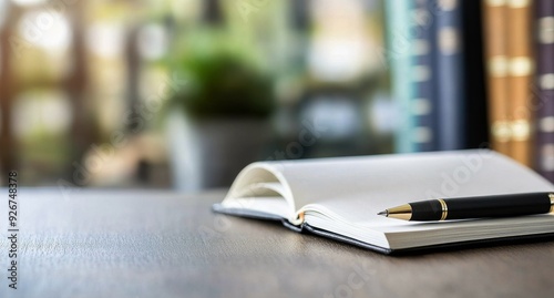Open notebook and pen on wooden table in quiet library setting