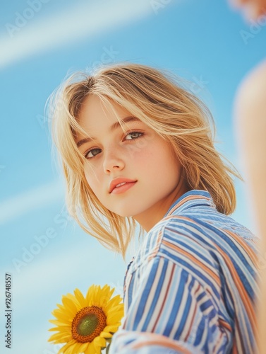 Young girl holding a sunflower outdoors on a sunny day with a clear blue sky