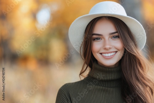 Smiling woman in green sweater and white hat among autumn leaves in a sunny park