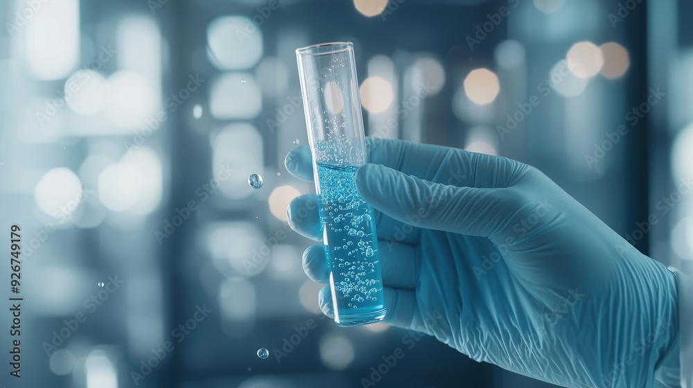 gloved hand holds a test tube filled with a bubbling blue solution, symbolizing ongoing scientific research and experimentation, with the vibrant color and reaction in the solution gloved hand holds a test tube filled with a bubbling blue solution, symbolizing ongoing scientific research and experimentation, with the vibrant color and reaction in the solution