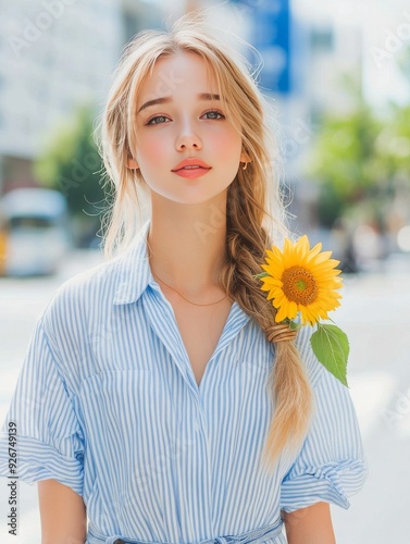 Young girl holding a sunflower outdoors on a sunny day with a clear blue sky