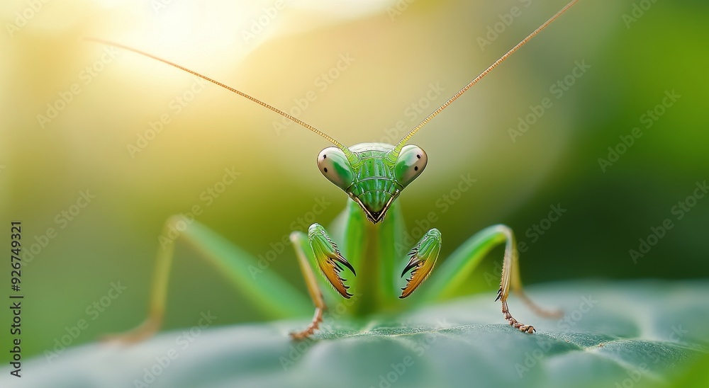 Green mantis perched on leaf in soft morning light Green mantis perched on leaf in soft morning light