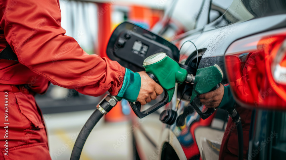 Attendant filling up car’s gas tank at service station during daylight hours
