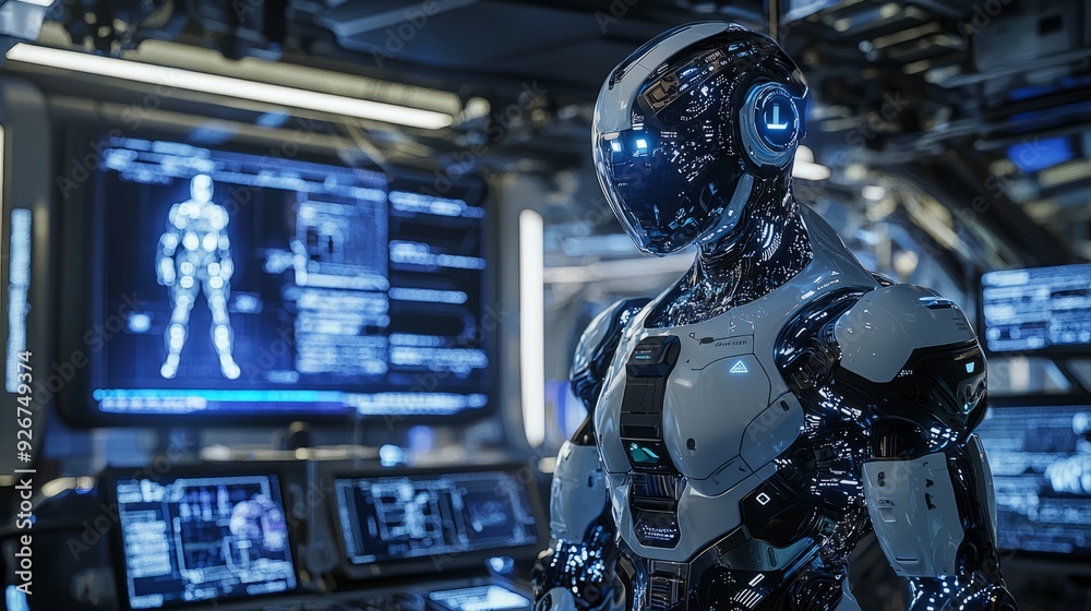 Modern robotics laboratory with a highly advanced humanoid robot performing a complex task. Modern robotics laboratory with a highly advanced humanoid robot performing a complex task.