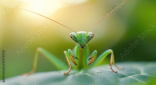 Green mantis perched on leaf in soft morning light