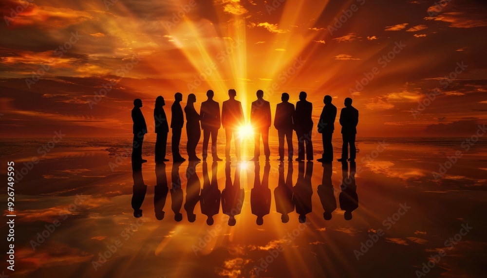 Silhouettes of people standing in a line, facing the sunrise.
