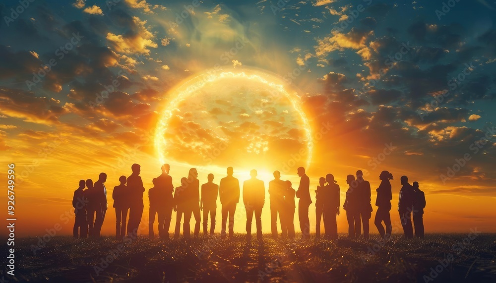 Silhouettes of people standing before a blazing sunrise. Silhouettes of people standing before a blazing sunrise.