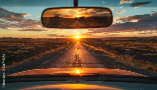 A scenic road stretching into the distance, with a golden sunset reflecting in the rearview mirror.