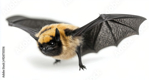 A close-up of a small bat with distinctive fur and extended wings on a white ...