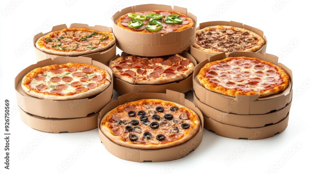 A stack of pizza boxes with different types and sizes of pizzas, AI ...