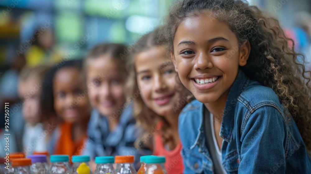 Obraz premium A group of joyful children smiles in a classroom, highlighting friendship and unity.