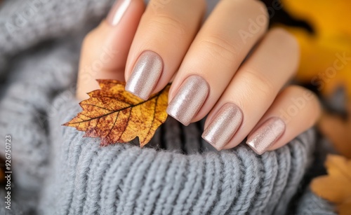 Elegant autumn manicure with leaf accents on hand against cozy sweater backgr...