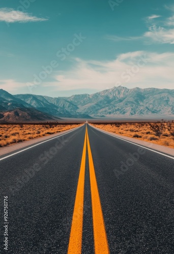 Wide open road stretches towards snow-capped mountains under a cloudy sky