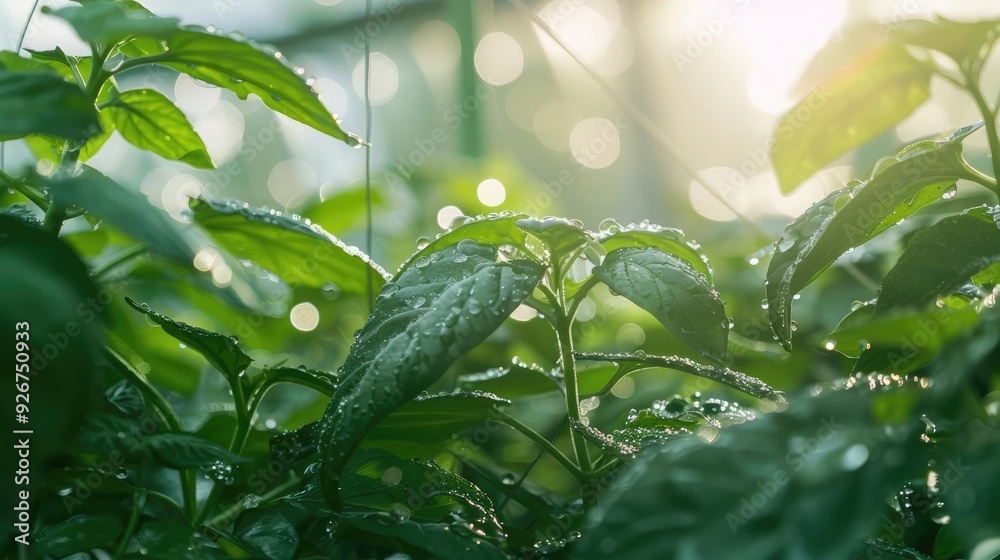 Fototapeta premium Closeup of lush green leaves with water droplets, bathed in sunlight.