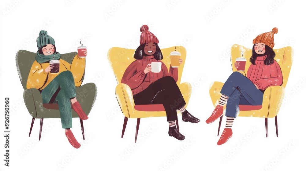 Εκτύπωση καμβά Three women sitting in chairs drinking coffee and eating cookies, AI