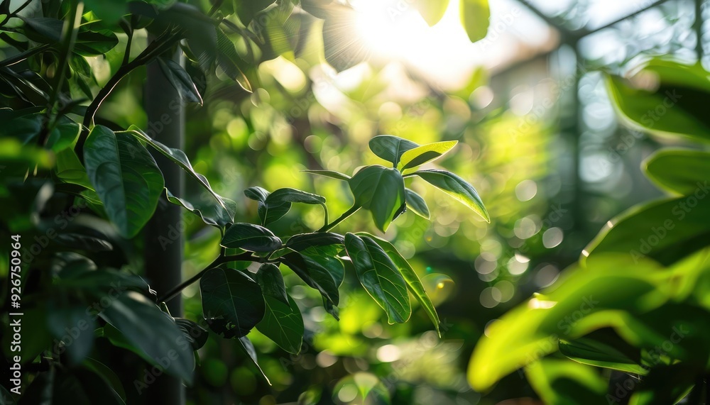 Sunlight shining through lush green leaves in a forest. Sunlight shining through lush green leaves in a forest.