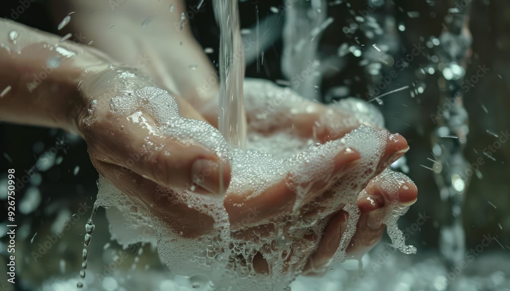 Fototapeta premium Close-up of hands washing with soap and water.