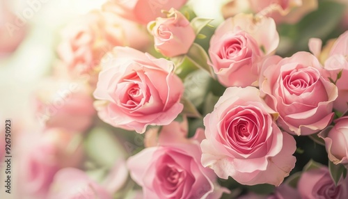 Closeup of delicate pink roses with soft petals.