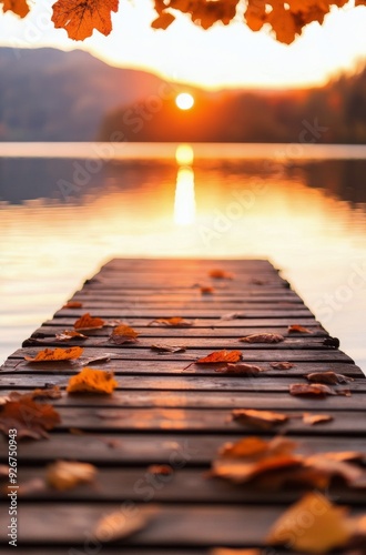 Autumn sunset view from wooden dock by serene lake with fallen leaves