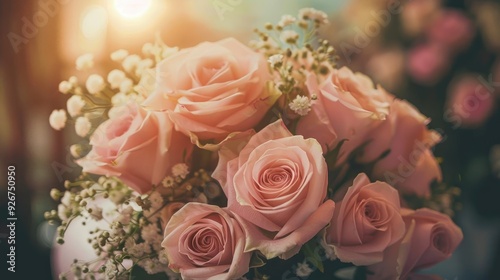 Close-up of a bouquet of soft pink roses with delicate white baby's breath.