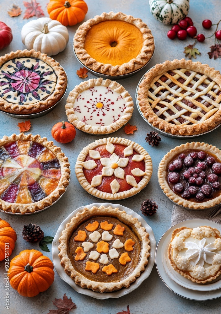 Assorted pies and pumpkins displayed on a table during a fall harvest festival Assorted pies and pumpkins displayed on a table during a fall harvest festival