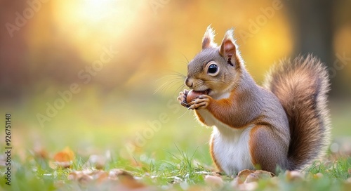 Squirrel gathering acorns in a colorful autumn park