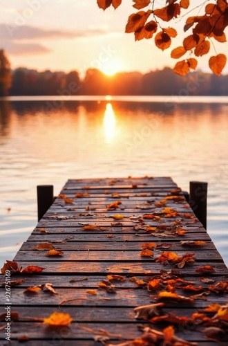 Autumn sunset view from wooden dock by serene lake with fallen leaves
